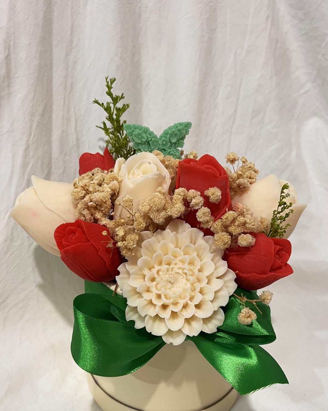 Bloom & Beyond soap flower arrangement in red, cream and green