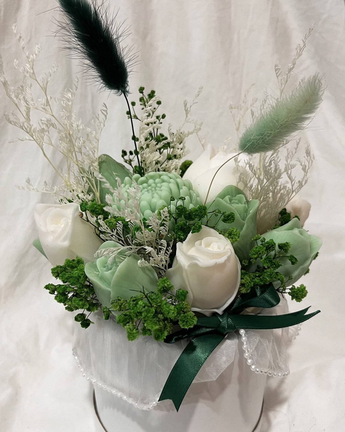 Bloom & Beyond soap flower arrangement in white and green