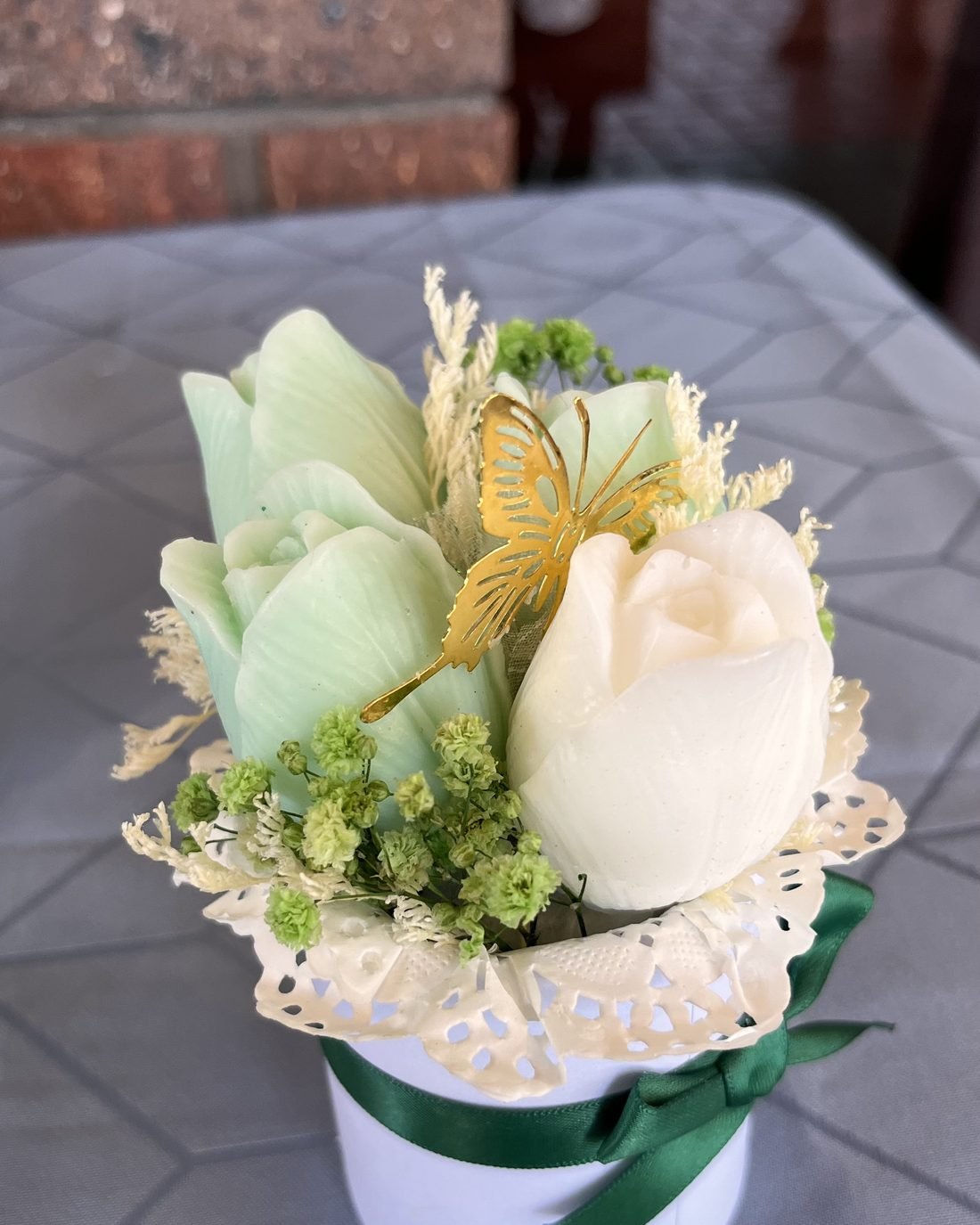 Micro Meadow soap flower arrangement in green and white