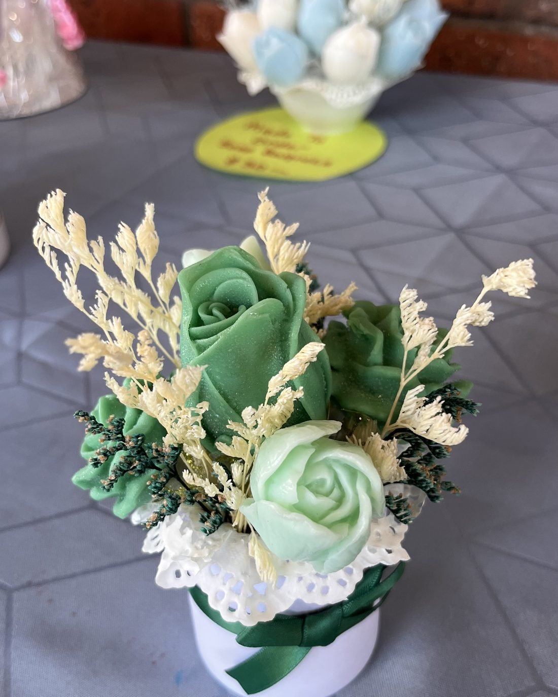 Micro Meadow soap flower arrangement in green