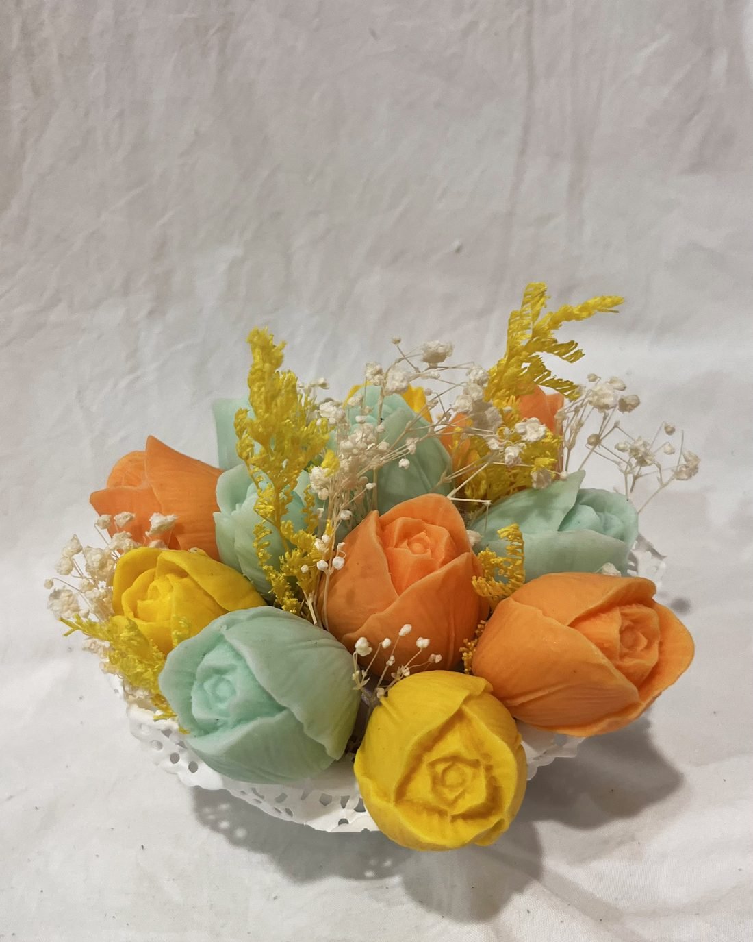 Petal Paradise soap flower arrangement in orange, yellow and green