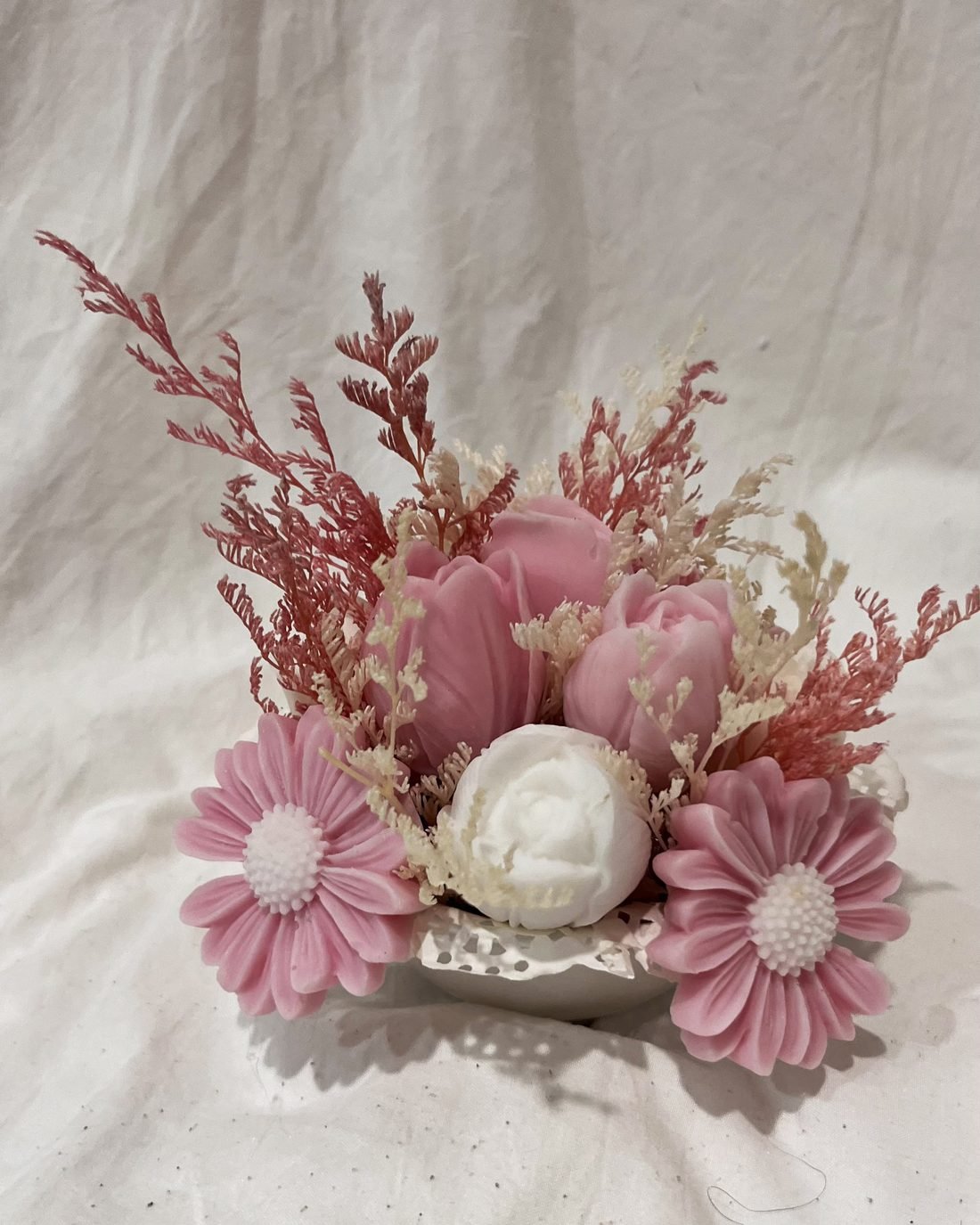 Petal Paradise soap flower arrangement in white and pink